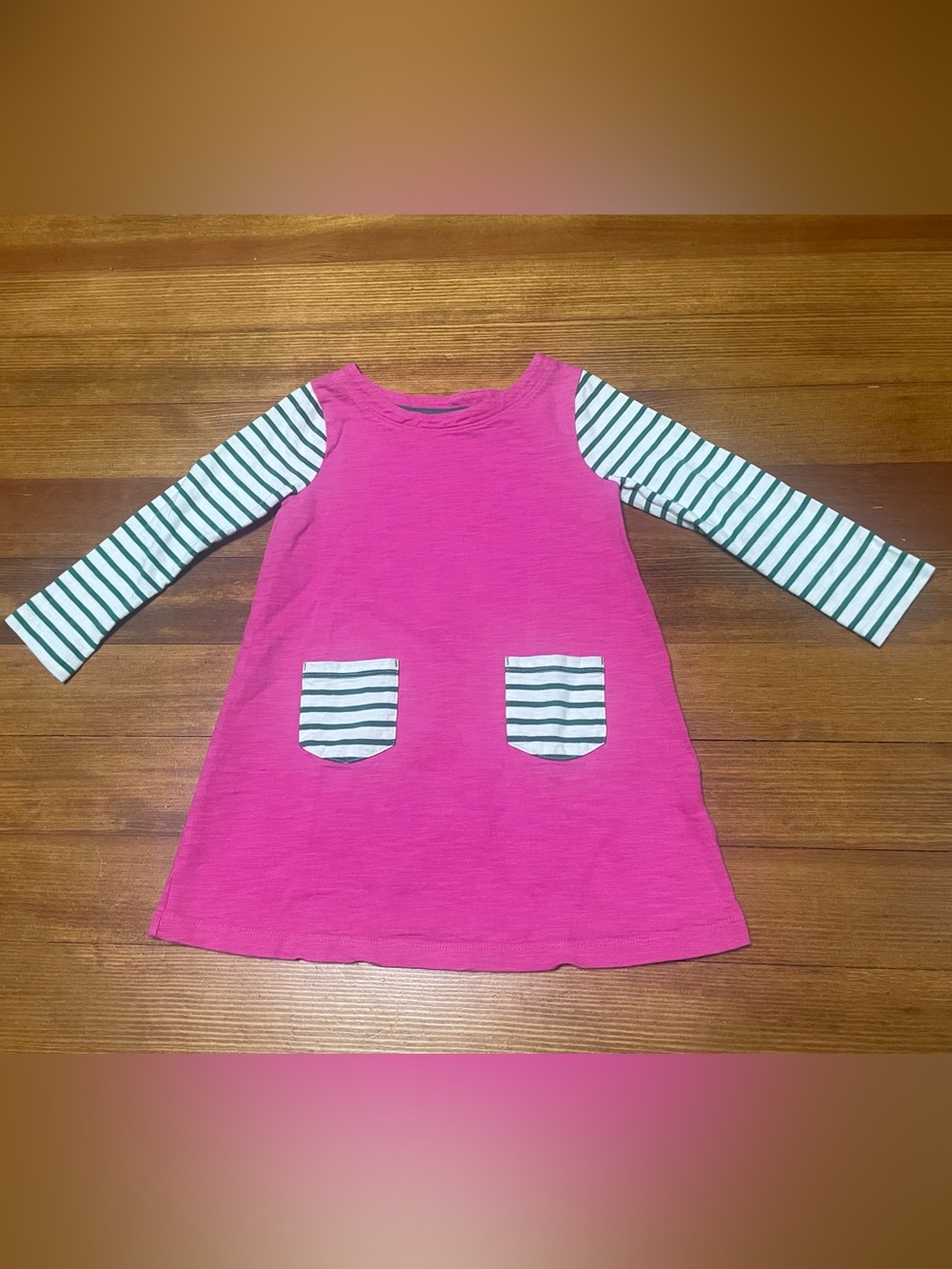 Mini Boden Bright Pink Dress with Striped Sleeves and Pockets Size 4-5 Years